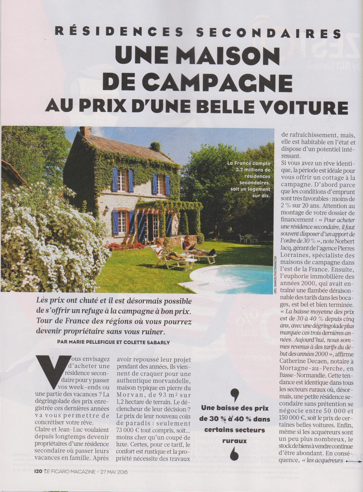 Figaro Magazine du 27 mai 2016 sur les résidences secondaires avec Jean-Charles CONNIER CANY IMMOBILIER Page 120
