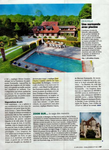 CANY IMMOBILIER PARTICIPE A L'ENQUETE DU MAGAZINE CHALLENGES SUR LES RESIDENCES SECONDAIRES DU 2 JUIN 2022